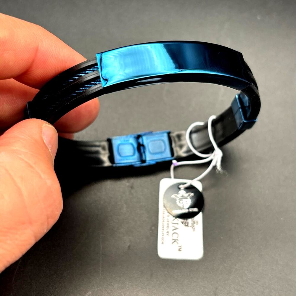Blackjack BJB251BL Mens Blue Silicone Black Stainless Steel  Bangle ID Bracelet - Picture 3 of 17